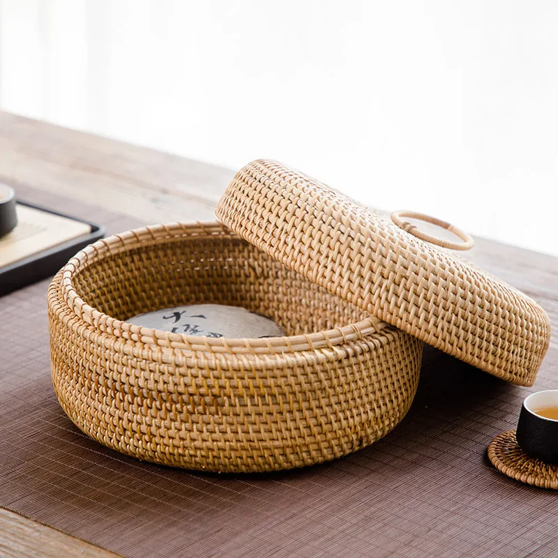 

Autumn rattan woven storage box snack needle thread round lid storage basket fruit food rattan basket