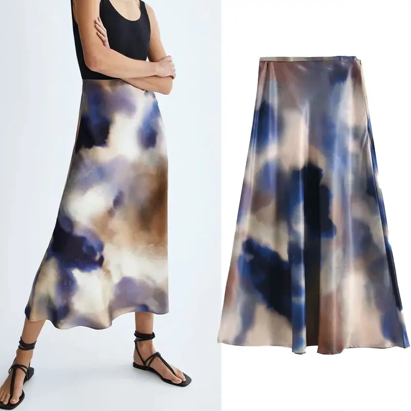 

Женская Повседневная юбка Za, длинная винтажная юбка с высокой талией и принтом, на молнии сбоку, 2021, женские миди юбки