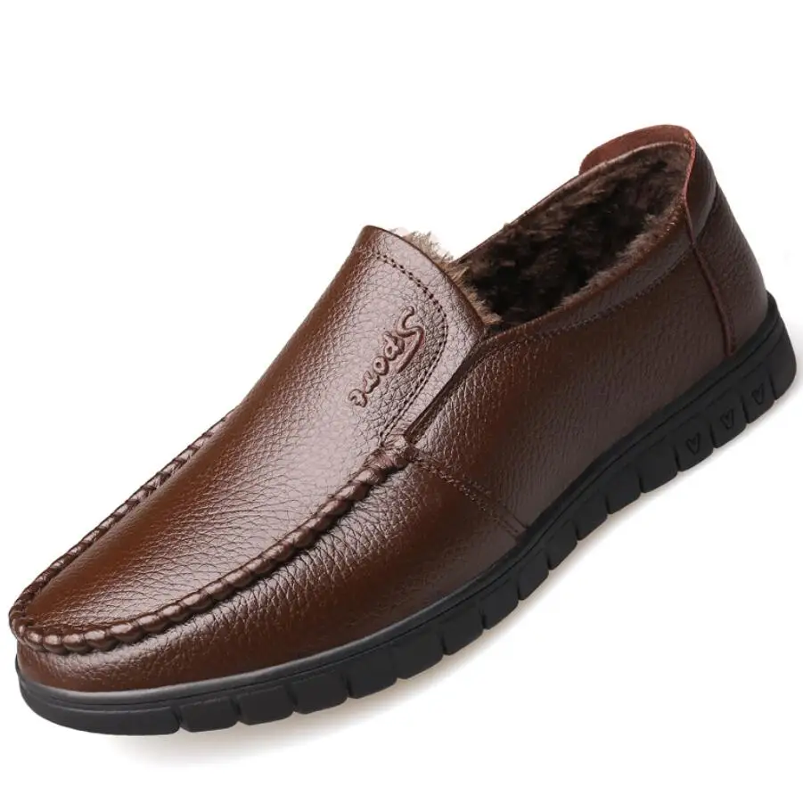 Мужские зимние ботинки из натуральной кожи коричневые брендовые теплые плюшевые