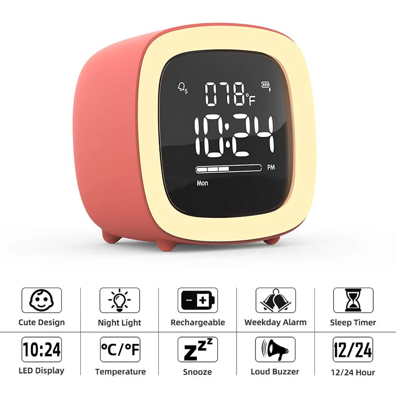 

Alarm Clock Cute TV Night Light LED Digital Display Children Desk Clock Backlit Temperature Rechargeable Battery Operated Kids