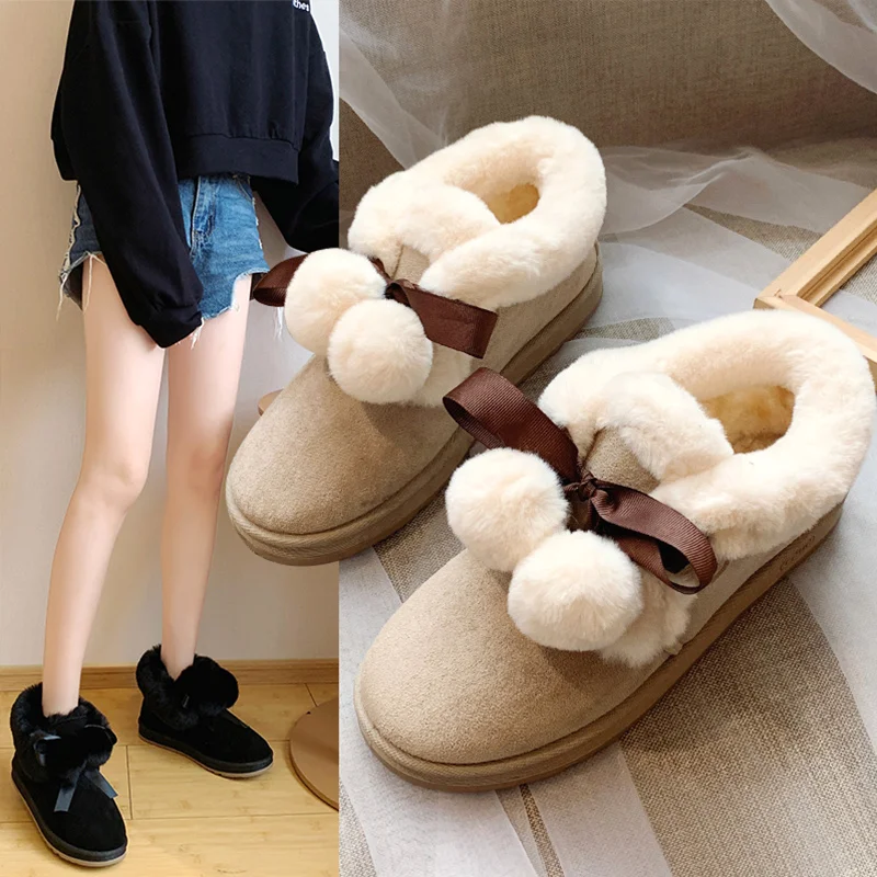 2019 г. новые модные зимние сапоги с помпонами и бантиком женские короткие