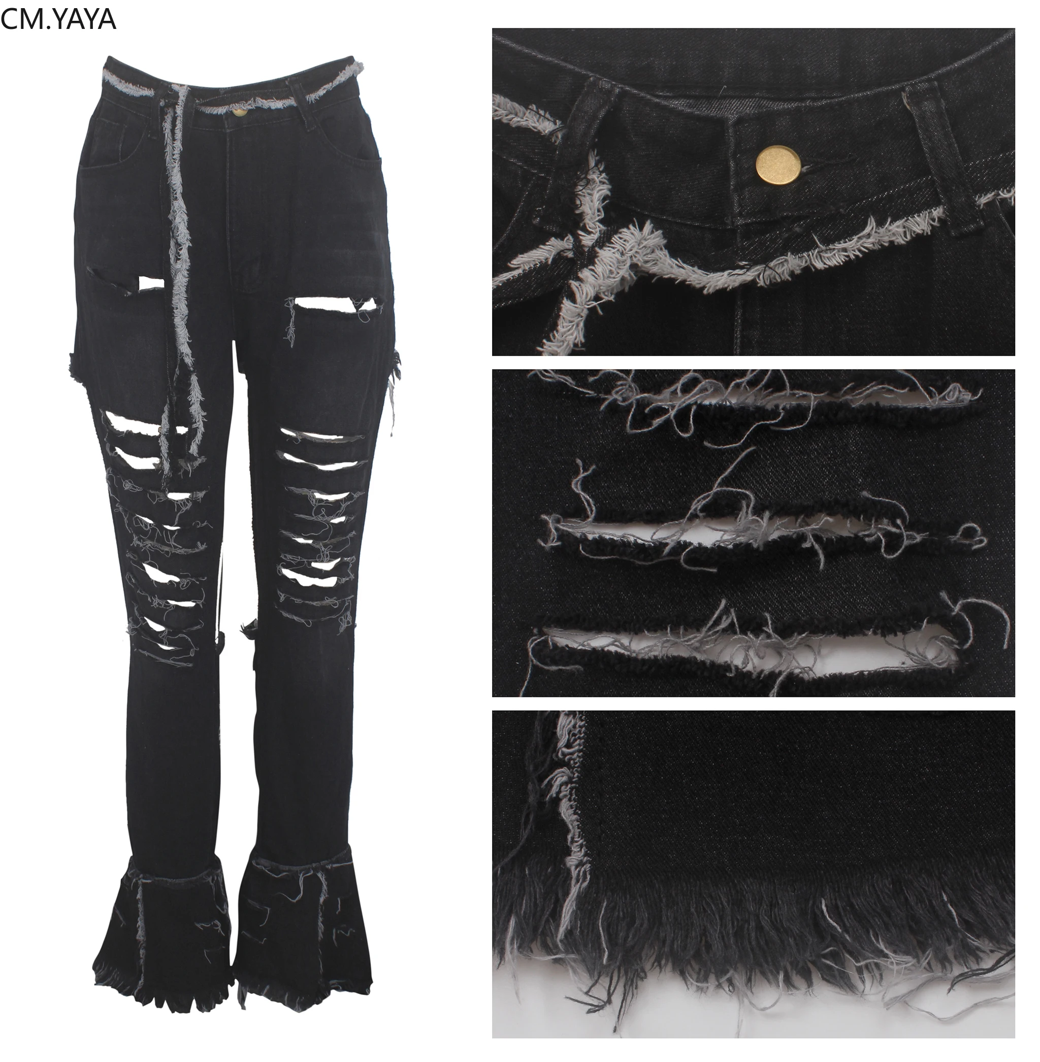 Fashion Denim Skinny Pants Women Retro Ripped Jeans Wide Leg Trousers Hole Casual Bell-Bottoms Flare Pant Female GLHSF2084 |