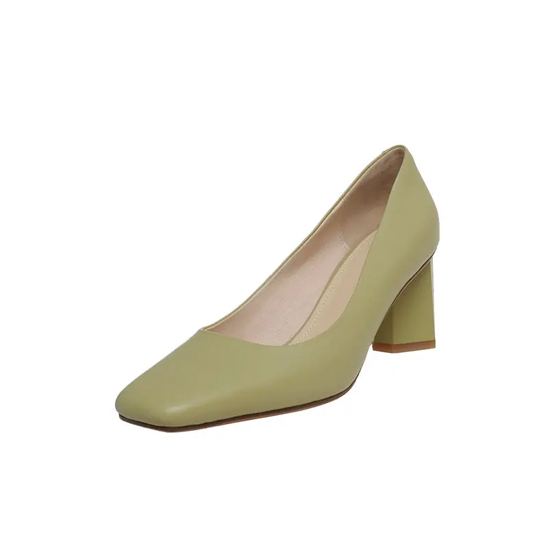 

QUTAA 2021 Bowknot Genuine Leather All Match Female Square High Heels Spring Autumn Square Toe Basic Women Shoes Size 34-39