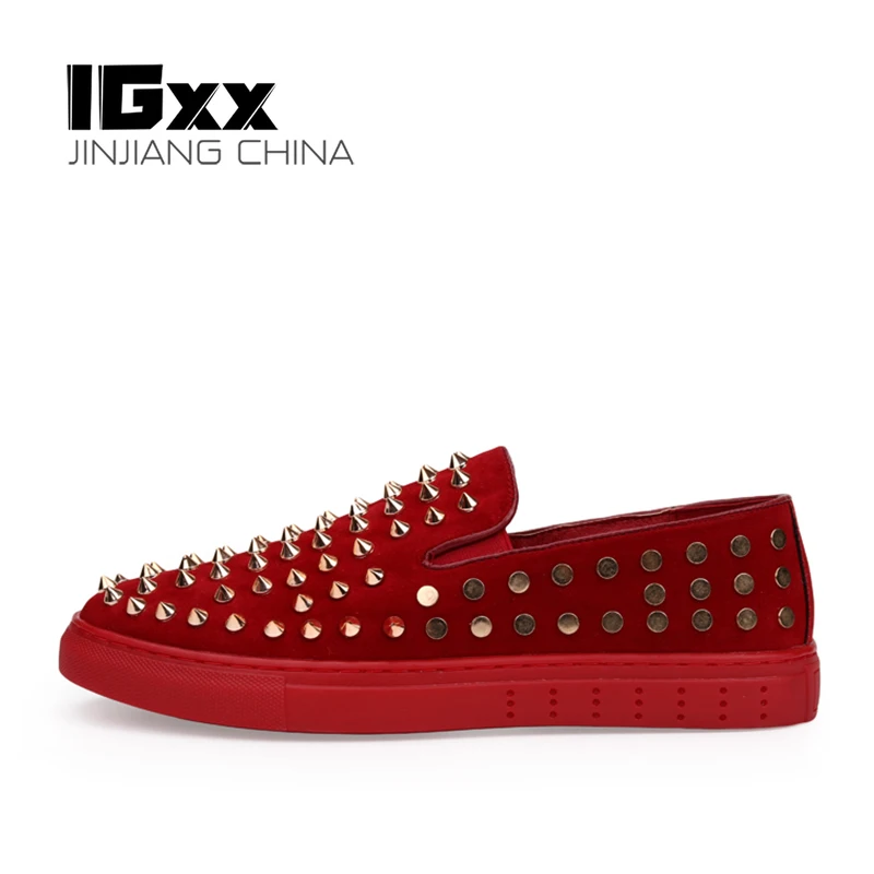 IGxx Elastic Rivet Shoes For Men Red Punk Metal Spikes Men's Clubs Flats Loafers Genuine Leather Motorcycle | Обувь