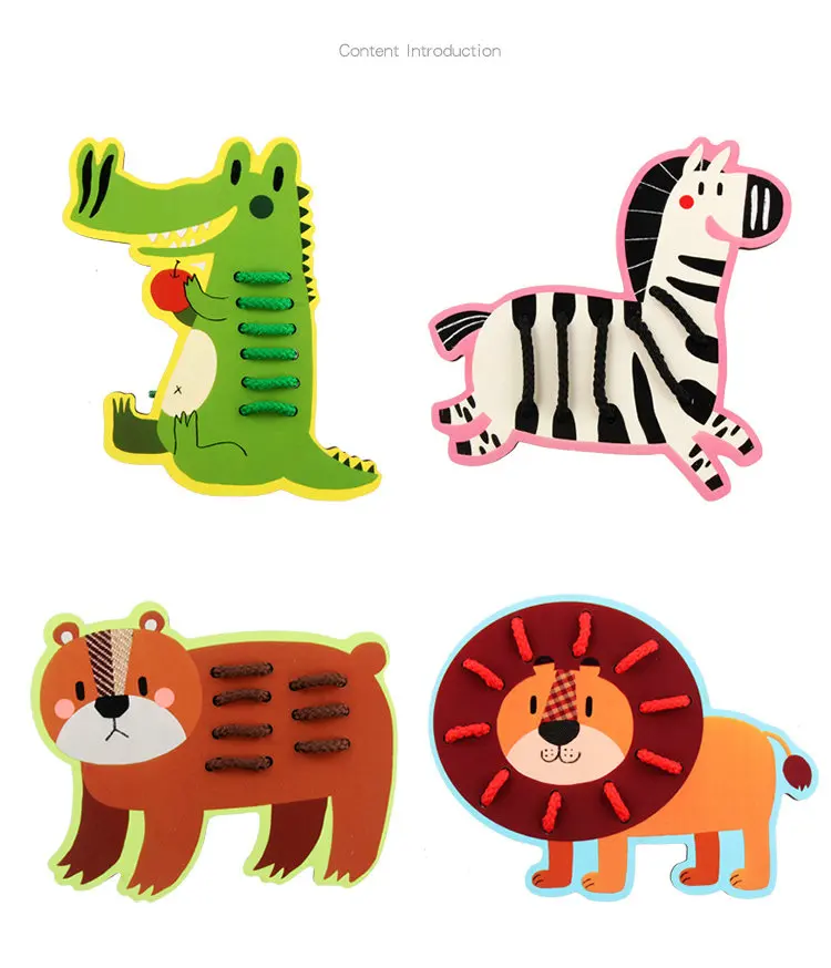 Cartoon Animal Serie Детские деревянные Мультяшные животные серия веревки игрушки Лев/крокодил/Зебра/Bearor фрукты веревка игрушка дерево резьба доска жизненные навыки игрушка - Цвет: Cartoon Animal Serie