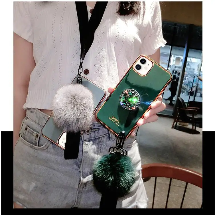 Красивый меховой шар чехол для телефона iPhone X XS 11 Pro Max XR 6 6S 7 8 Plus Алмазный с кольцом