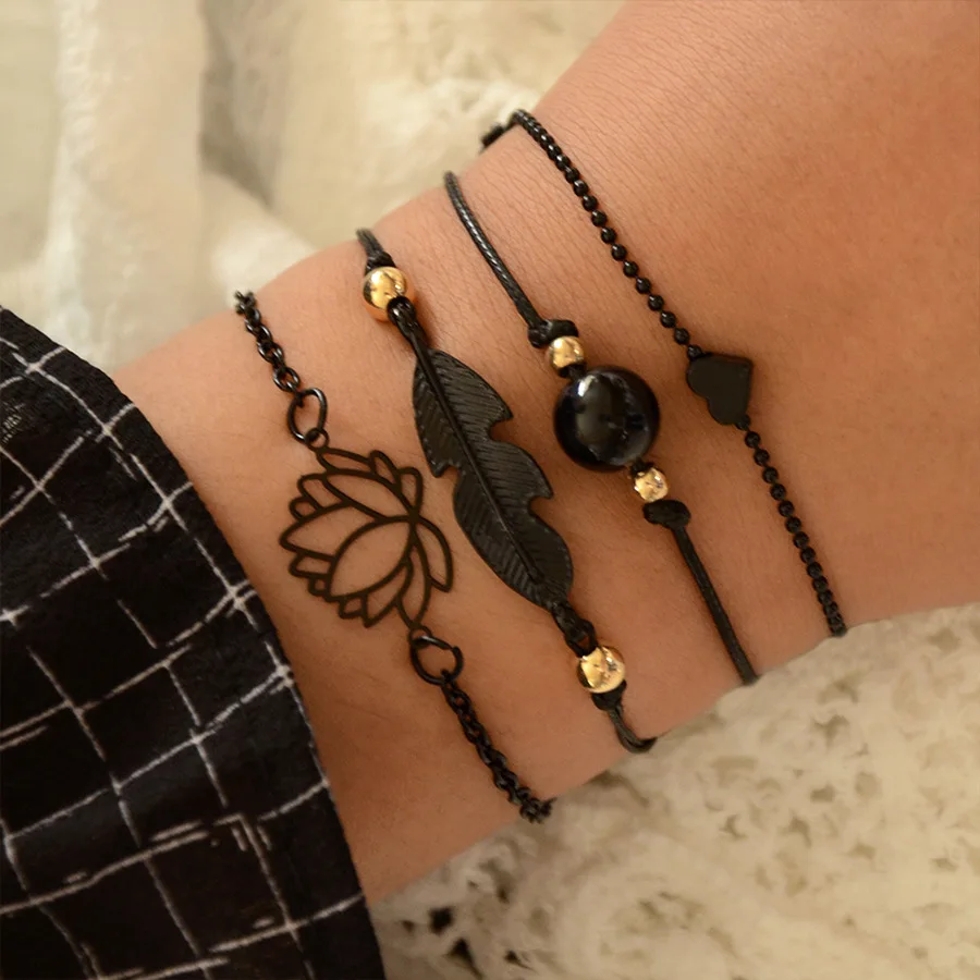 

New Fashion Gothic Black Feather Lotus Bracelets Set for Women Heart Charm Bangles Female Wrist Chain Bracelets Boho Jewelry