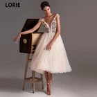 Лори сексуальные платья для выпускного вечера 2021 V-образный вырез аппликации А-линейное короткое вечерние платье для Выпускной Тюль Чай Длина вечернее платье на выпускной, платье