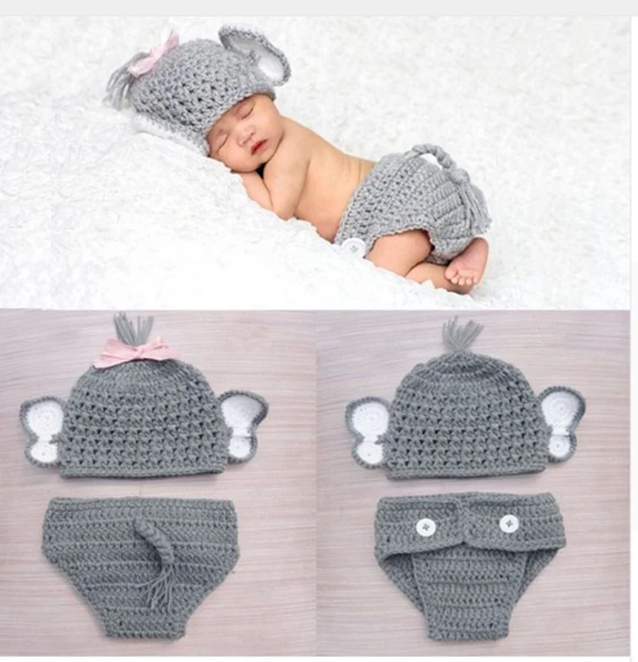 Newborn Photography Props Crochet Knit Costume Prop Outfits Calf Elephant Baby Hat Photo Props Outfits