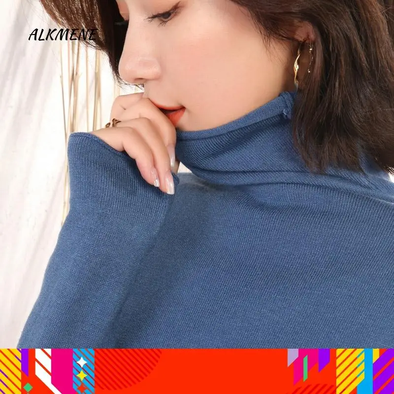 Женский вязаный свитер с высоким воротником ALKMENE облегающий пуловер синего цвета