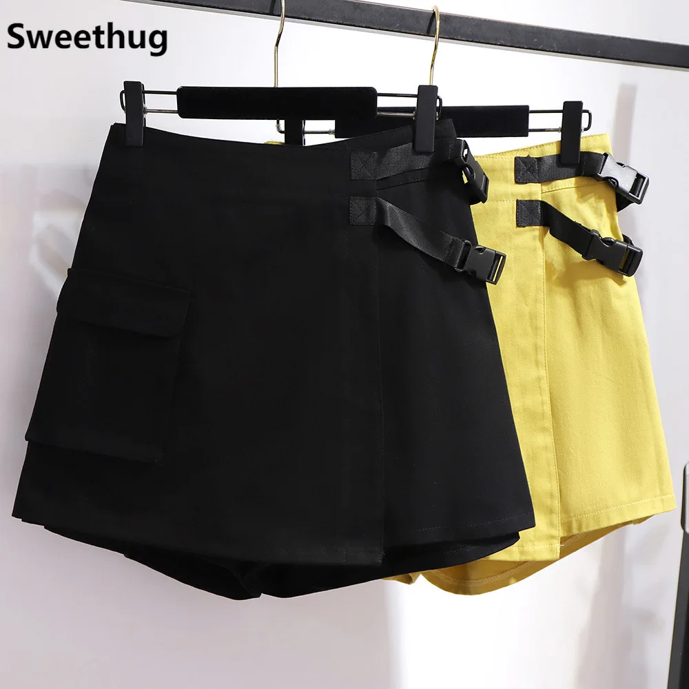 

150KG New 2021 summer plus size shorts for women large loose casual wide leg cotton pocket shorts black yellow 3XL 4XL 5XL 6XL