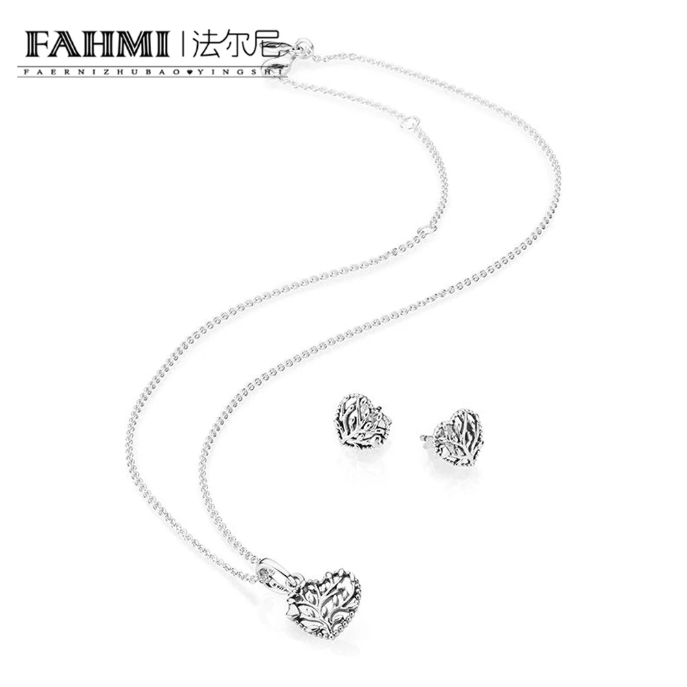 

2020 100% 925 Sterling Silver Sweet Valentine's Day Flourishing Hearts Pendant Charm EARRING STUDS Necklace Set Gift B800872