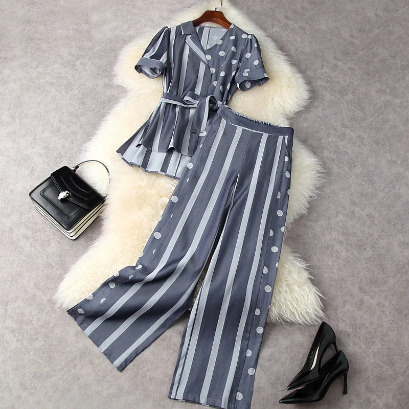 

HIGH QUALITY New 2021 Summer Women's Striped Polka Dot Asymmetrical Top + Wide Leg Pants Set
