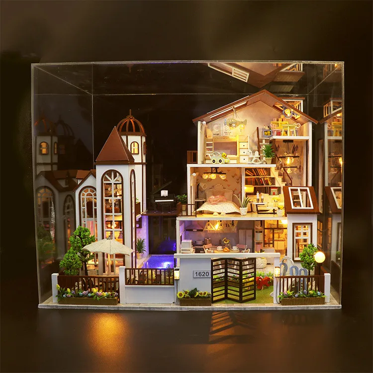 

LED Big Villa building doll house furniture diy dollhouse wood diy doll house miniature dollhouse furniture children Toys gift