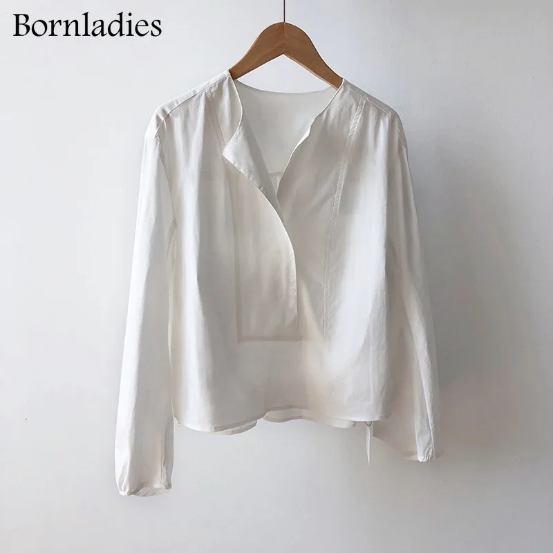 

Bornladies Women Stylish O Neck Loose Shirts Autumn Office Ladies Short Lantern Sleeve Short Blouse Female Cotton Tops Blusas