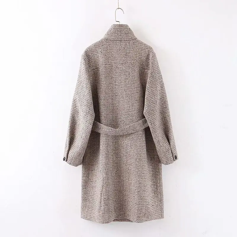 Зимнее шерстяное длинное пальто со стоячим воротником винтажная женская тонкая