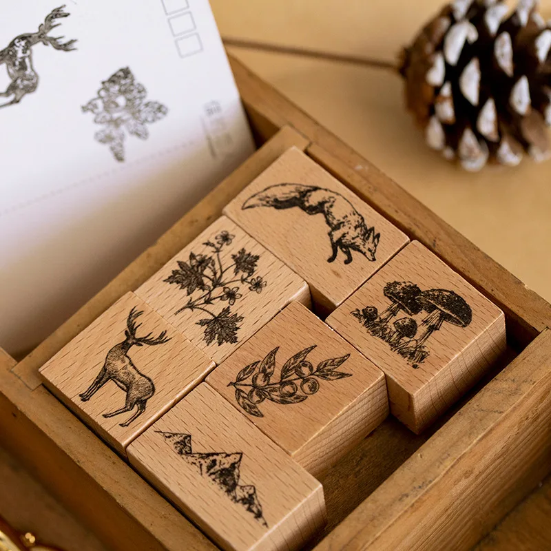 

New 2021 Hot Forest Series Wooden Seal Retro Animals and Plants Handbook Album Diary Decoration DIY12 Selections Journal Stamp