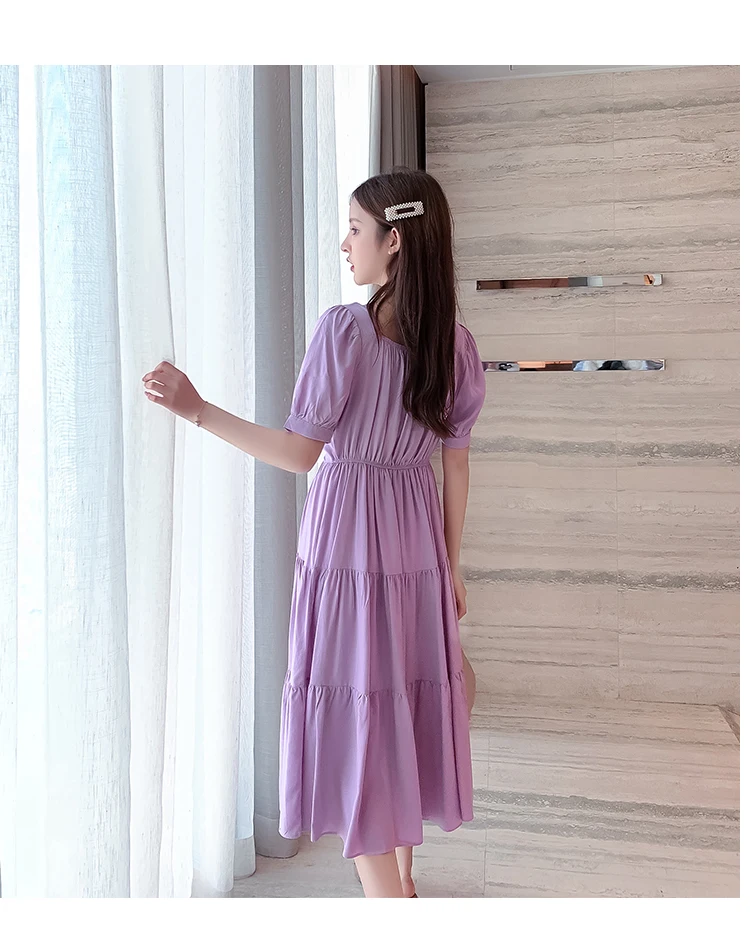 

Hebe&Eos Woman Summer Mid-length Dress Korean Fshion V Neck Elegant Long Chiffon Dresses 2021 Folds Short Sleeve Vestidos