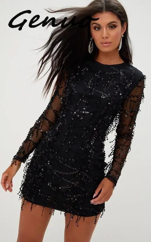 

Sexy Autumn Mesh Long sleeve Sequins Dress Women befast New Black Bodycon Dress Nightclub Ladies Party Dresses Vestido clothes