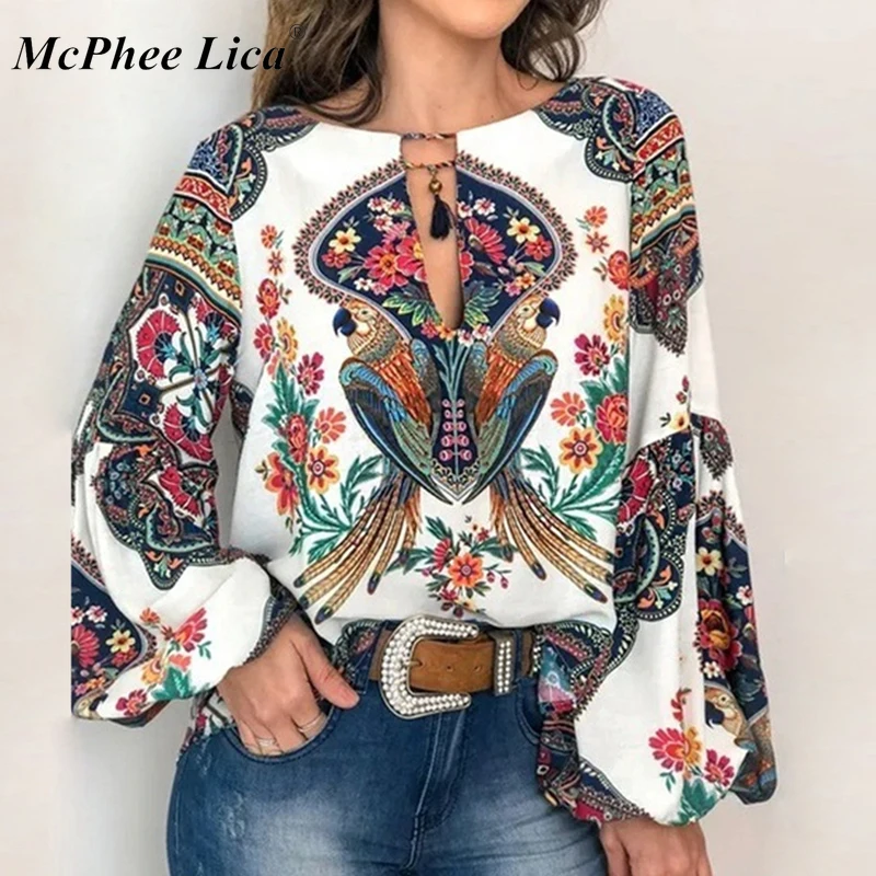 Женская блузка с рукавом-фонариком Boho цветочным принтом и кисточками на шнурках