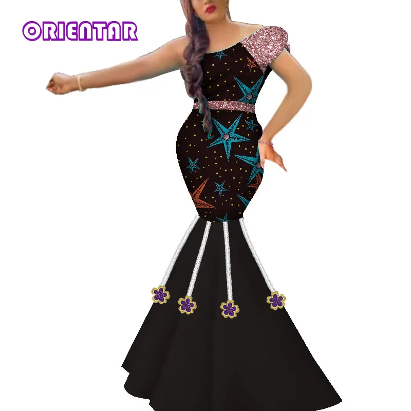 2019 New African Dresses for Women In African Clothing with Appliques Bazin Riche Lady African Mermaid Evening Dresses WY5089