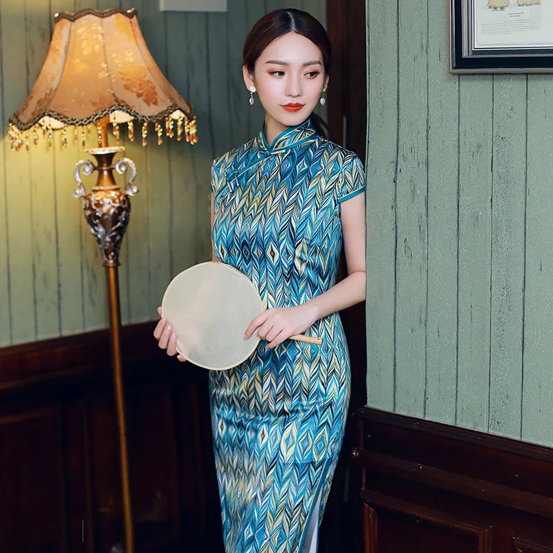 

Slim Fit Blue Satin Smooth Casual Dress Chinese Traditional Qipao Long Cheongsam Daily Elegant Sexy Party китайское платье