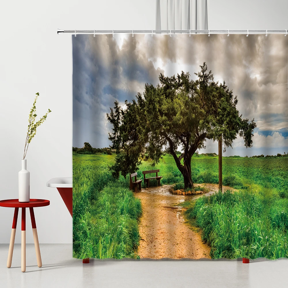 

With Hooks Shower Curtain Mountain Tree Flowers Green Leaf Natural Landscape Modern 3D Printing Machine Washable Bath Curtains
