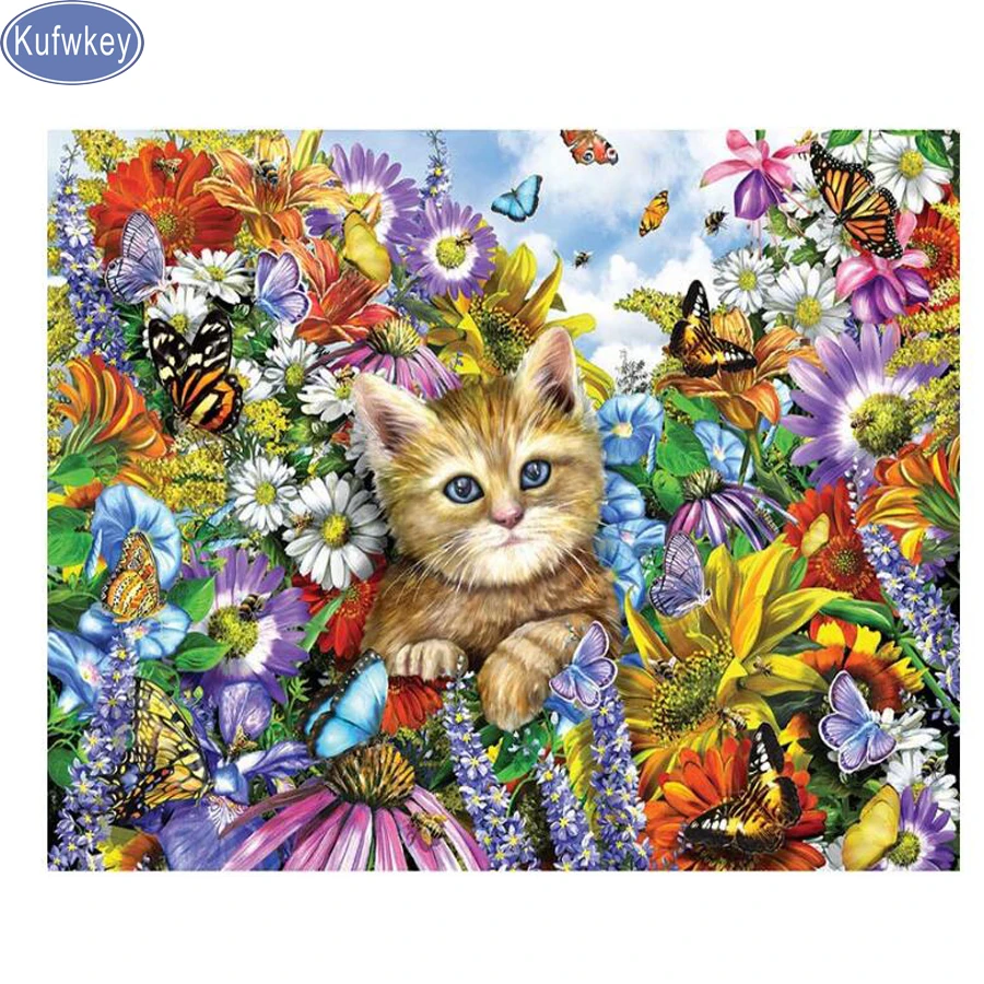 Алмазная вышивка volledig крестиком полноразмерная картина сделай сам кот цветок