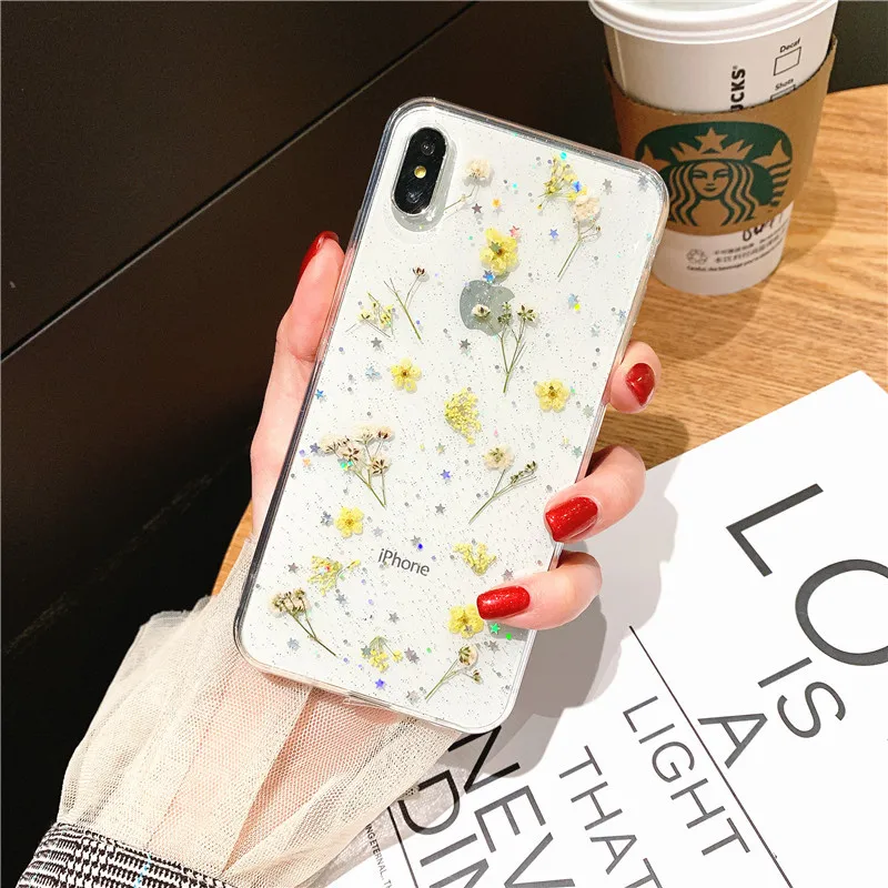 Настоящие сухие цветы чехол для телефона для iPhone X 7 8 Plus прозрачный мягкий ТПУ красивый прессованный задний Чехол для iPhone 11 11 Pro Max