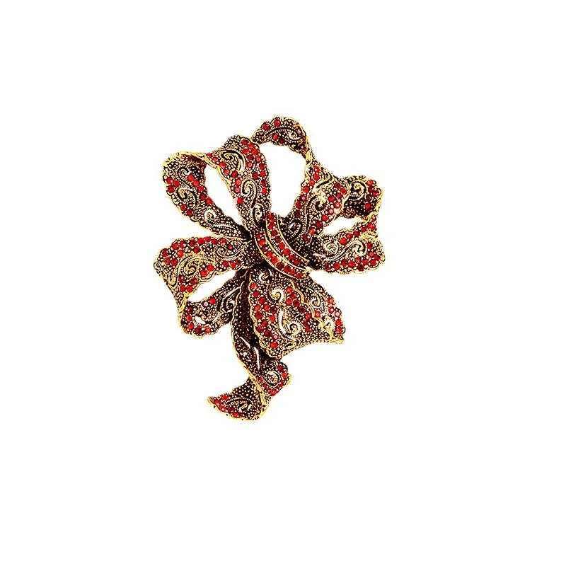 

Vintage Luxury Red Rhinestone Crystal Bow Brooches For Women Large Bowknot Brooch Bouquet Fashion Jewelry Wedding Accessories