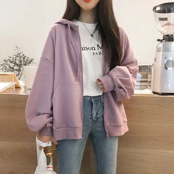 Solid Color Hooded Sweater Women's Zipper Cardigan Spring and Autumn BF Casual Sports Coat Loose All-match Brushed Hoody | Женская