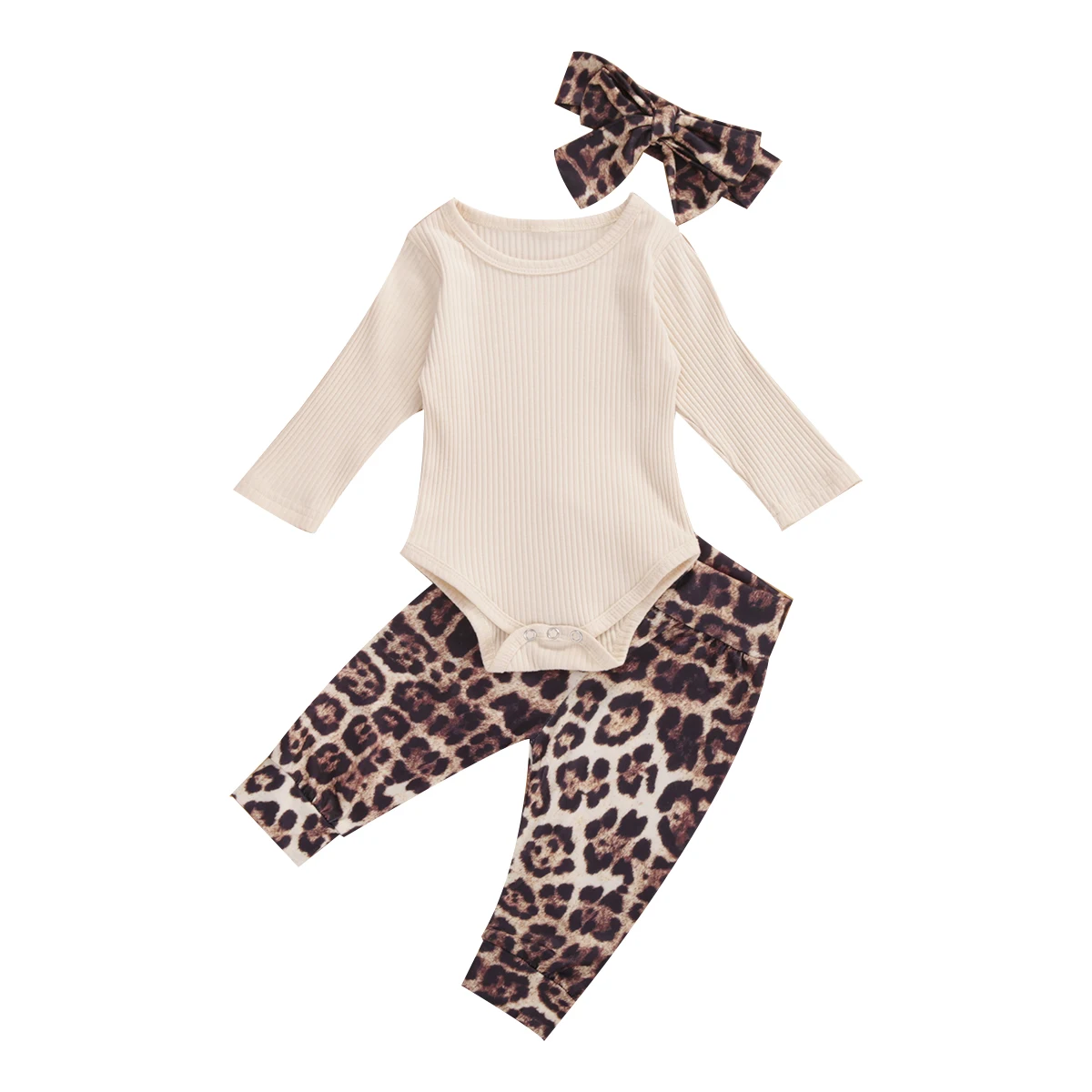 

0-18M Spring Autumn Newborn Baby Girls Clothes Sets Knit Long Sleeve Romper Tops Leopard Print Pants Headband 2pcs Outfits