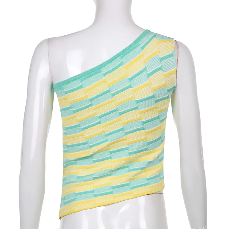 

HEYounGIRL One Shoulder Knitted Cropped T Shirt Women Striped Y2K Casual Off Shoulder Sleeveless T-shirt Ladies Streetwear 2021