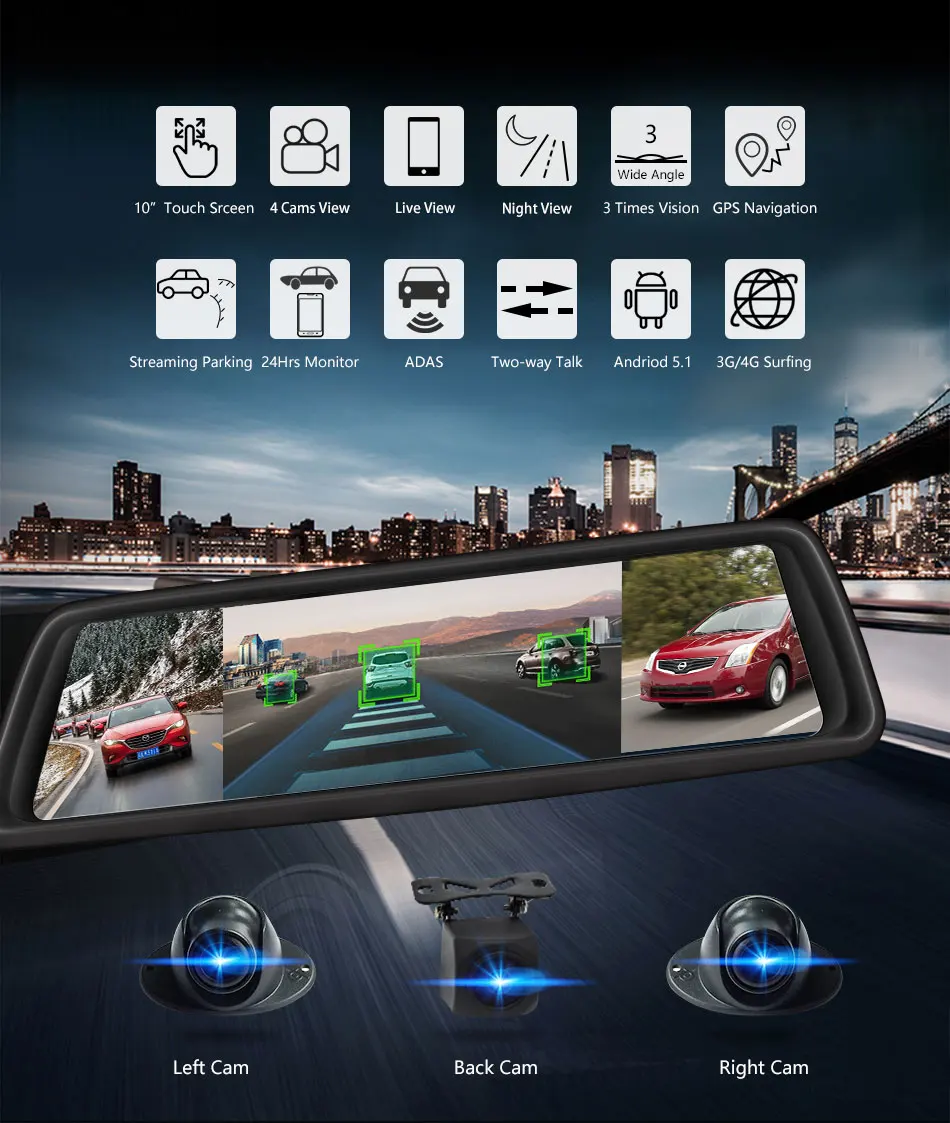 4G 4-канальный Android 2GB ram Автомобильный видеорегистратор ADAS 10 ''зеркало заднего вида камера gps 1080P видео рекордер видеорегистратор со специальным кронштейном V9