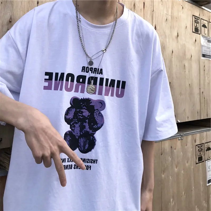

Футболки, хлопковая летняя футболка с коротким рукавом, винтажная универсальная свободная футболка с принтом медведя, кавайная уличная оде...