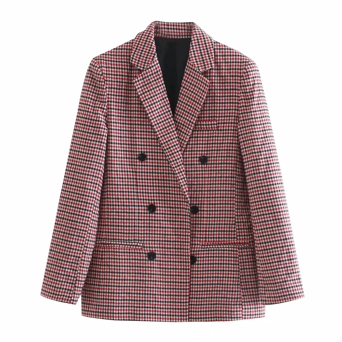 

Autumn Women's Plaid Double-Breasted Blazer Casual Retro Female Suit Jacket Temperament Long-Sleeved Shoulder Pad Blazer Coat