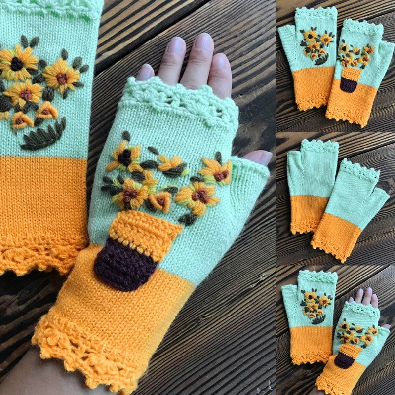 

Women Color Block Knitted Fingerless Gloves Sweet Daisy Floral Handmade Embroidery Thumbhole Texting Mittens Arm Warmers