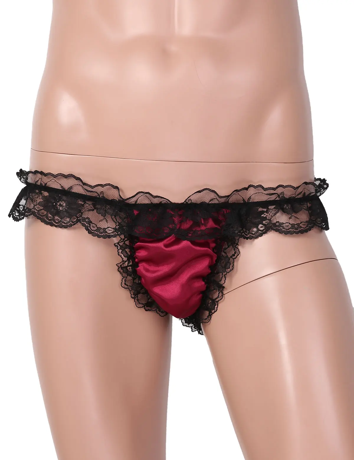 DPOIS Mens Sissy Panties Soft Satin Lingerie Underwear Man Low Rise Bulge Pouch T-back Frilly Ruffled Lace Bikini Thong Briefs |