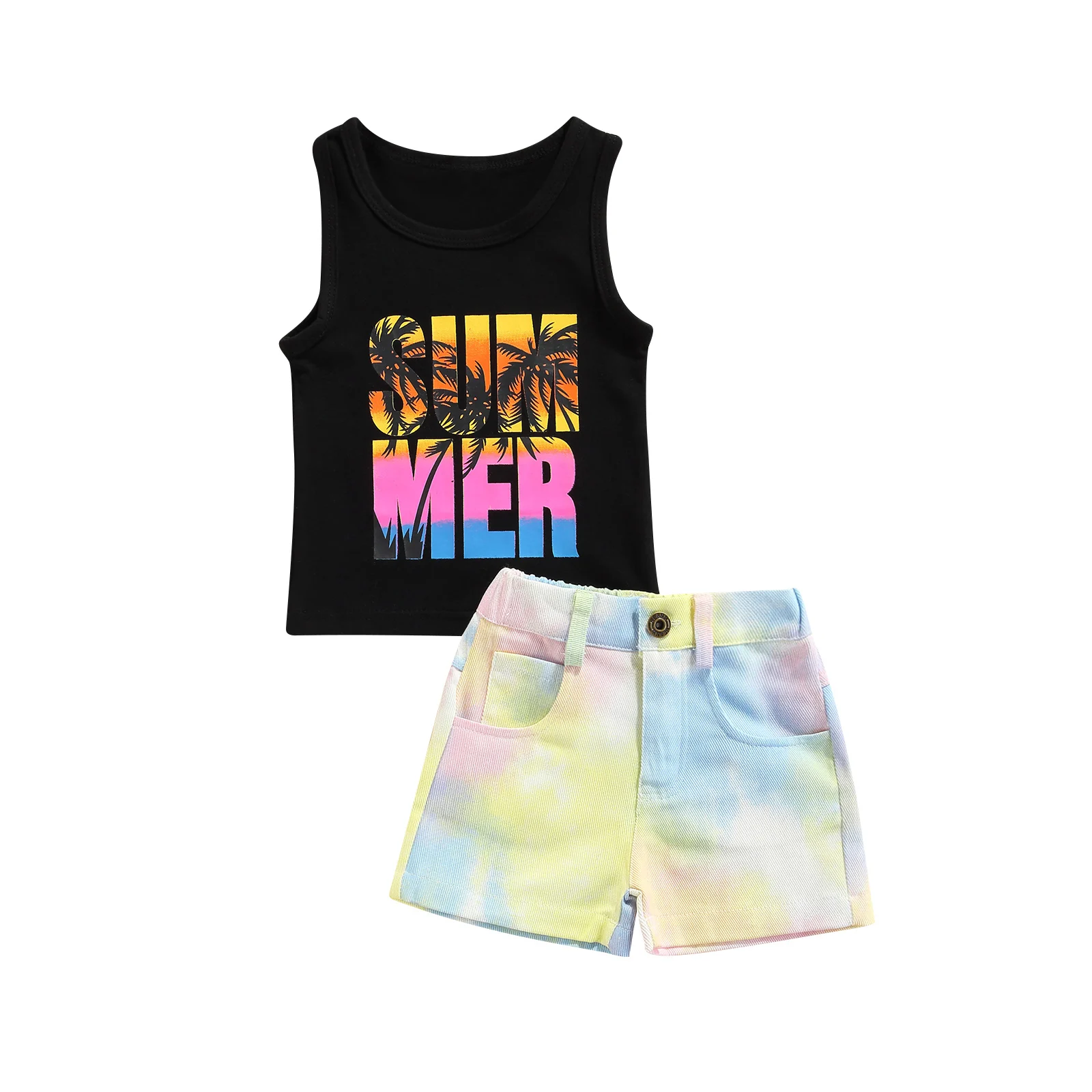 

Джинсовые шорты Lioraitiin без рукавов для маленьких девочек 1-6 лет, стильный комплект из 2 предметов, с надписью, летние шорты из денима, 2021-05-12