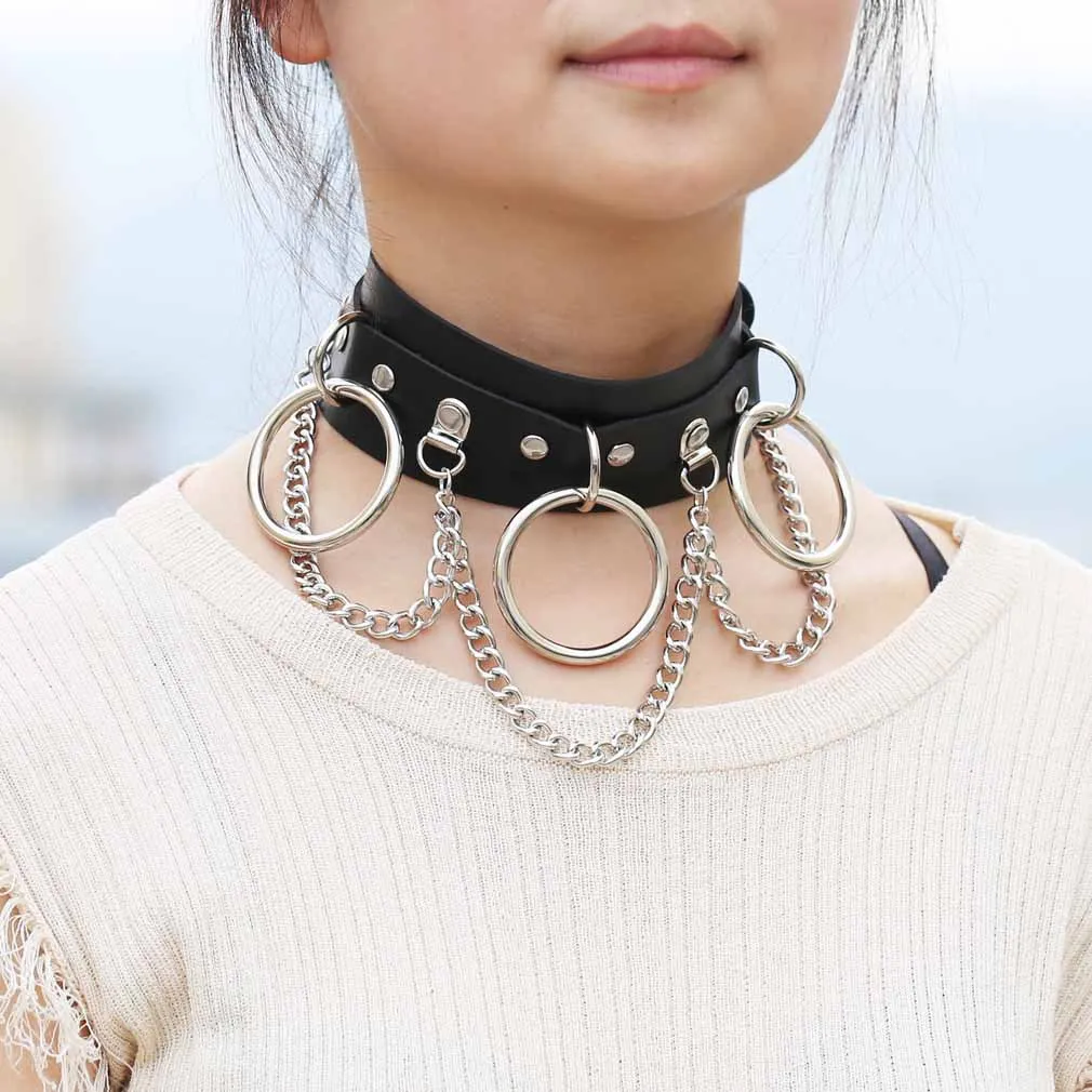 

UODCM Harajuku O-Round Punk PU Leather Choker Necklace Women Chains Statement Gothic Necklaces Club Party Anime Jewelry