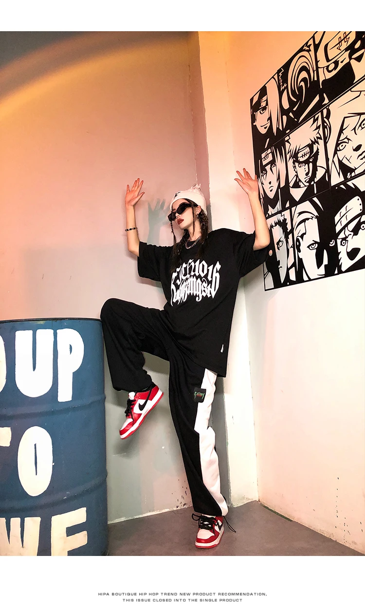 Hip Hop Style Women Black Trousers Harajuku Patchwork Straight High Waist Streetwear Loose Casual Vintage Fashion Pants Korean