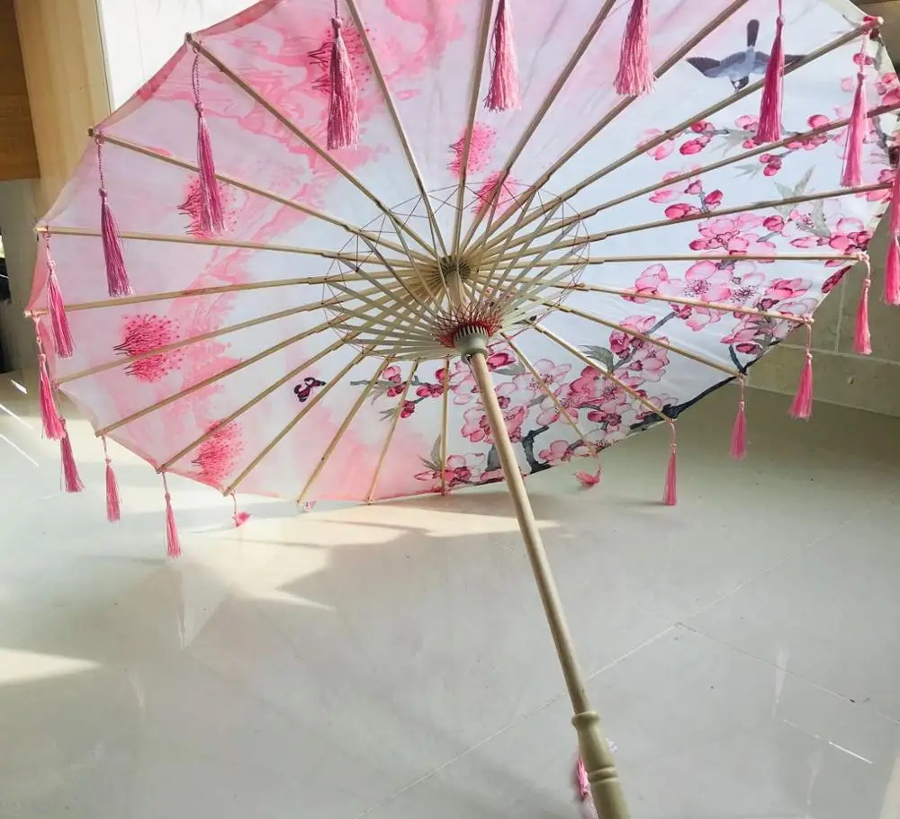 

Silk Cloth Lace Umbrella Women Costume Photography Props Tasseled Umbrella Yarned Chinese Classical Oil-paper Umbrella Parasol