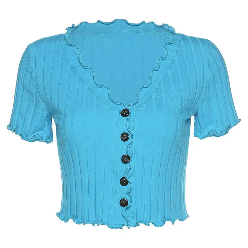 

2021 new street fashion ear edge V-neck short sleeve cotton T-shirt