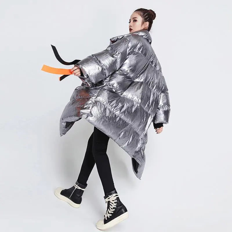 

MLNRFZ2019 Ribbons Women's Winter Down Jackets Stand Collar Long Sleeve Asymmetric Jacket Female Fashion Clothes Tide