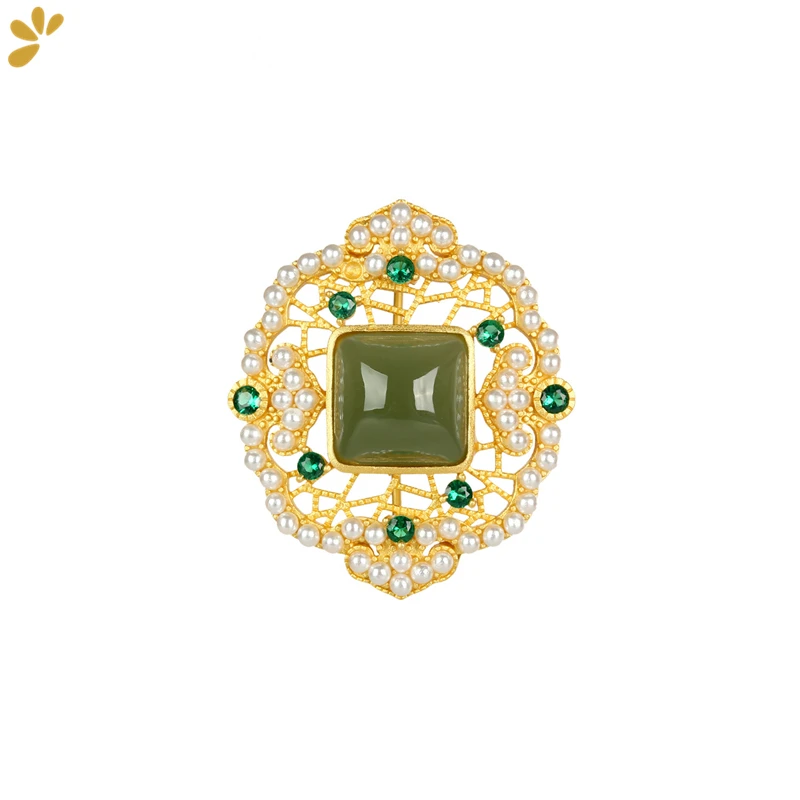

Green Jade Brooches For Women S925 Silver Gold Plated Hetian Jasper Zircons Hollow Craft Pin Brooch Fine Jewelry Christmas Gift