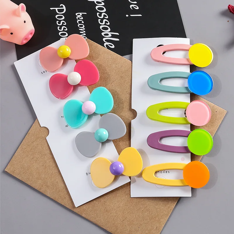 MISM 2 шт./комплект Акриловые заколки с бантиком Милые Сплошные Геометрические Аксессуары для волос Конфетного цвета Заколки для волос для девочек.