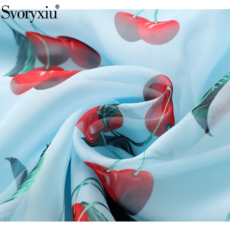 

Svoryxiu Designer Brand Summer Black Long Dress Women's Elegant Short Sleeve Cherry Print Patchwork Lace Dresses