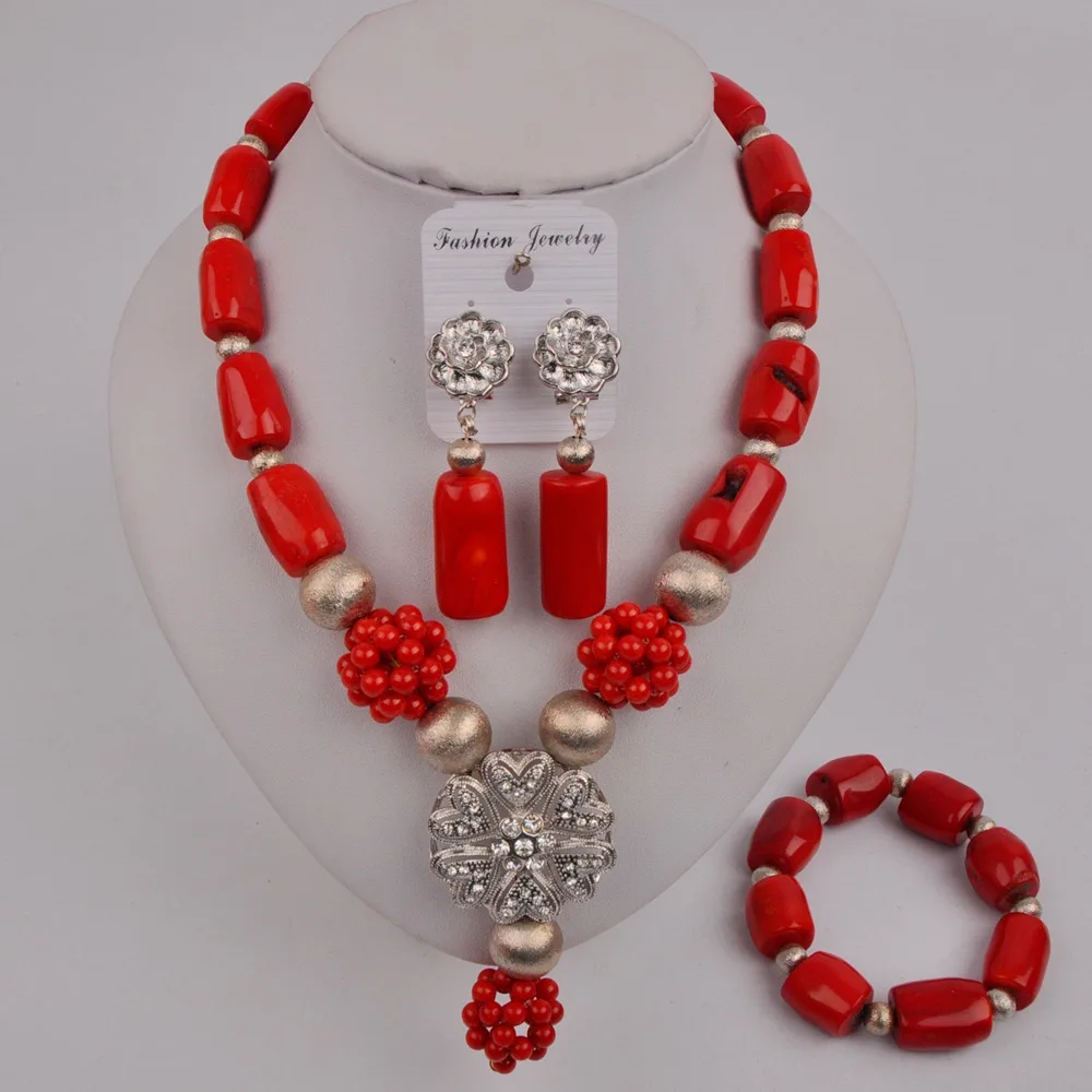 

New Red Natural Coral Bead Necklace Nigeria Wedding African Bride Bridesmaid Dress Accessories Wedding Jewelry Set AU-146