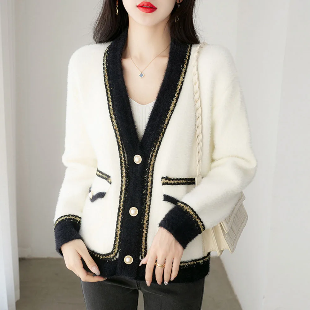 

Women Loose Knitted Cardigan Sweater Coat 2021 Autumn Winter Women Fashion Small Fragrance Color Block Patchwork Button Top