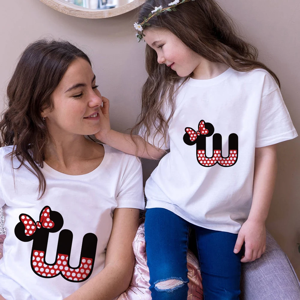 Mickey Mouse Style Letters ABC Print Family Matching Clothes Outfits Mommy Daughter Summer Short Sleeve O-neck White Tee Shirts | Мать и